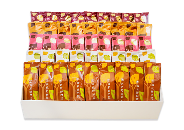 武蔵野日誌五撰（ﾁｮｺ･ﾎﾜｲﾄ･ｽﾄﾛﾍﾞﾘｰ･焦がしｷｬﾗﾒﾙ･あんﾊﾞﾀｰ）45個入