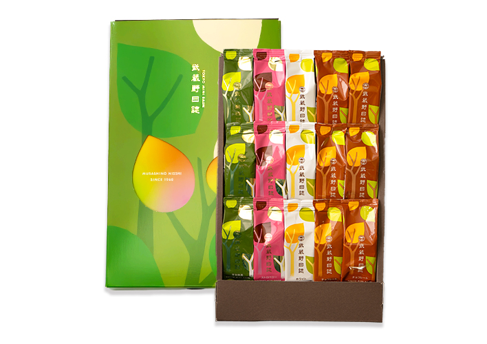 武蔵野日誌しあわせ（ﾁｮｺ･ﾎﾜｲﾄ･ｽﾄﾛﾍﾞﾘｰ･宇治抹茶）15個入